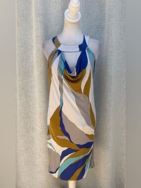 Trina Turk mini sleeveless white blue  gold dress